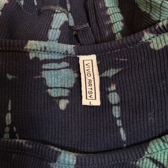 Vivid Artsy Navy Blue Teal Tie Dye Ribbed Long Sleeve Crop Top Large - Picture 4 of 4